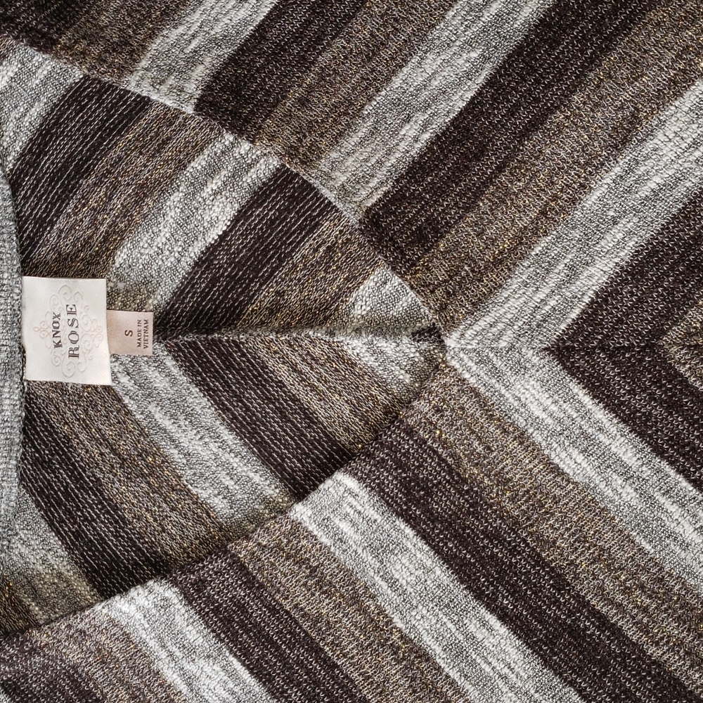 Knox Rose V Neck Sharkbite Hem Pullover Gray Brown Gold Stripe Sweater Small - Picture 3 of 8